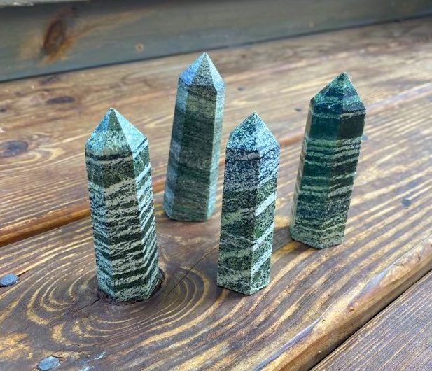 Chrysotile in Serpentine (Green Zebra Jasper) Tower